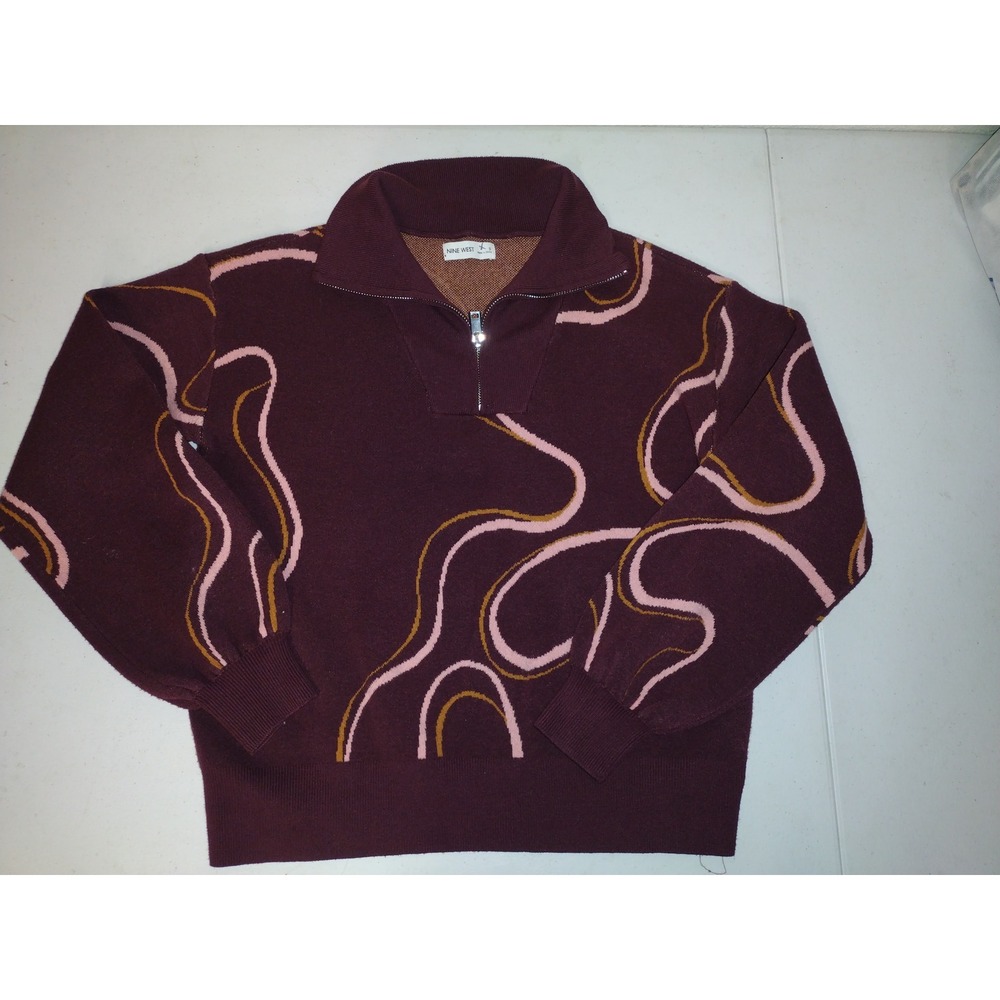 Nine West Womens Burgundy Abstract Swirl‎ Quarter Zip Sweater Small Mock Neck